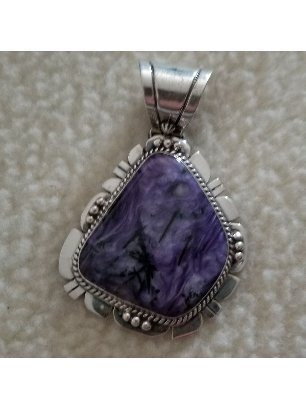 Signed Native American Navajo Made Sterling Silver Charolite Pendant.Hand made